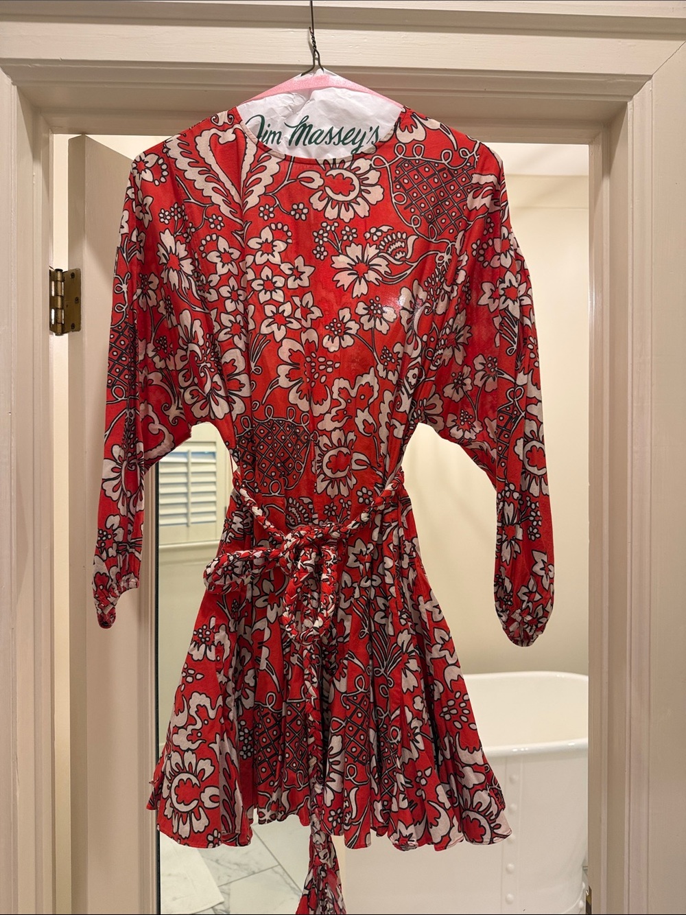 RHODE Red and White Floral Tie-Waist Mini Dress with Long Sleeves